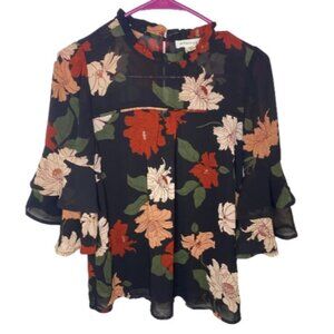 Monteau Black floral blouse with flowy sleeves